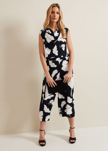 Phase Eight Noelle Floral Print Culotte Trousers Navy Australia | PI1396428